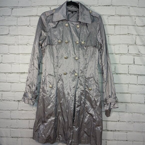 WOMENS METALLIC SATIN TRENCH COAT IN SILVER BY CARMEN SIZE MED TRENDY CLASSSY - Picture 1 of 10